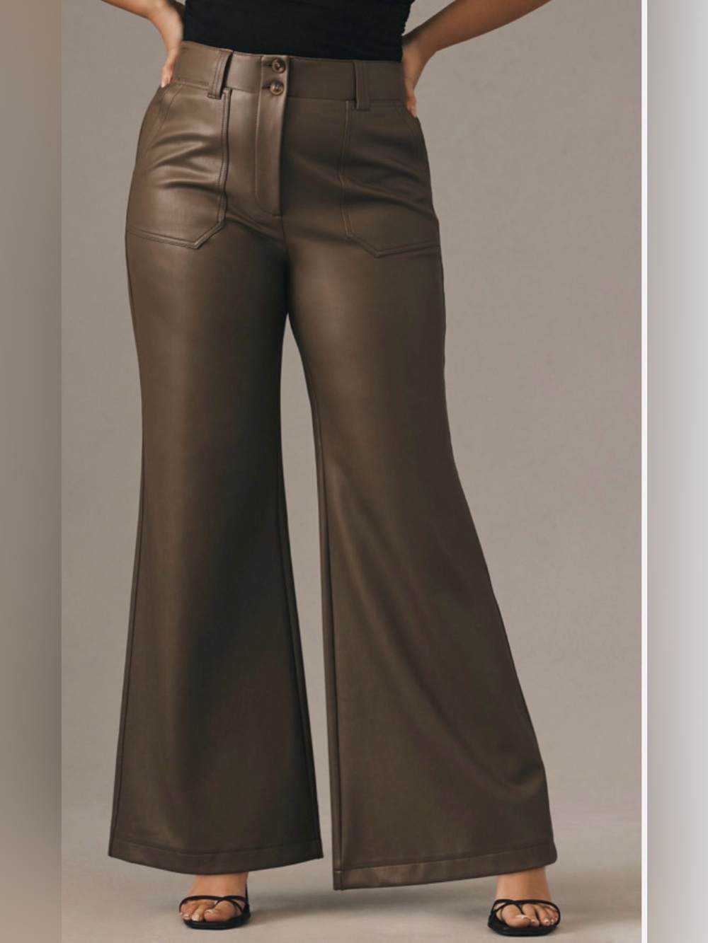 Anthropologie Maeve Vegan Leather Wide-Leg Flare Pants. High rise. 4 pockets. 18